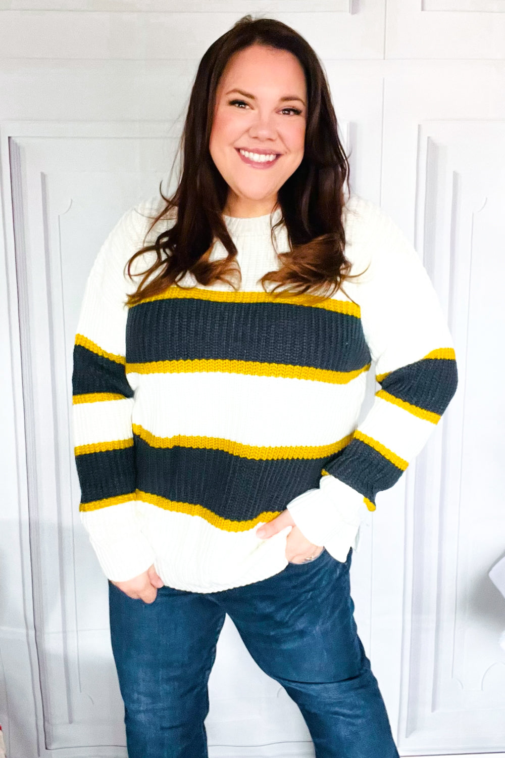 Casual Chic Yellow & Ivory Stripe Oversize Knit Sweater