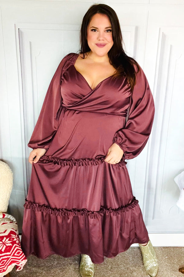 Holiday Vibes Wine Satin Front Overlap Smocked Back Maxi Dress - Coeur de la Mode