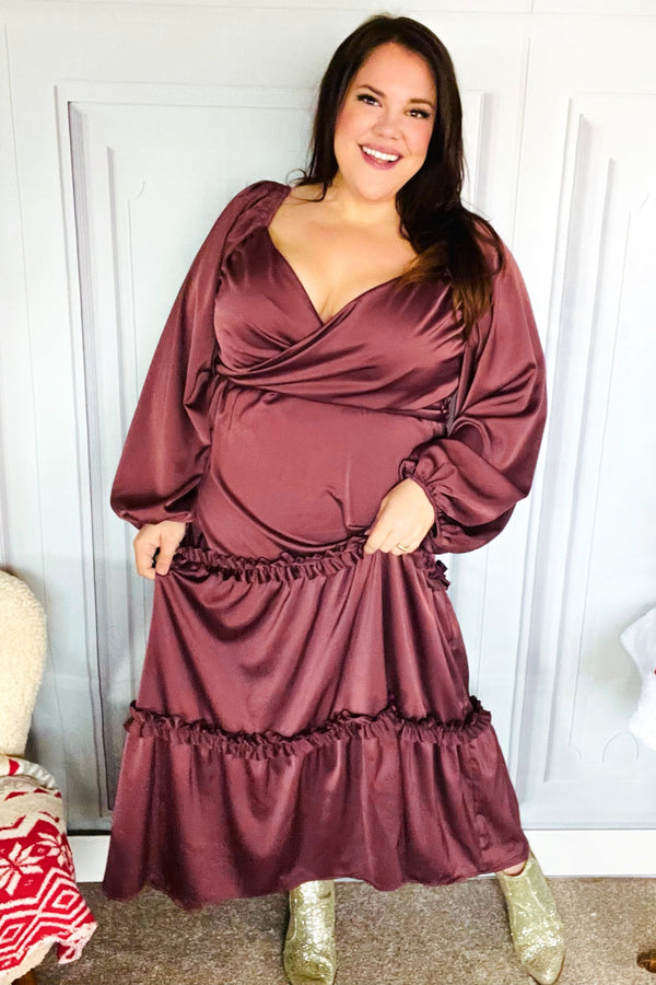Holiday Vibes Wine Satin Front Overlap Smocked Back Maxi Dress - Coeur de la Mode
