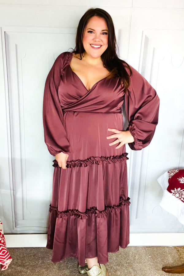 Holiday Vibes Wine Satin Front Overlap Smocked Back Maxi Dress - Coeur de la Mode