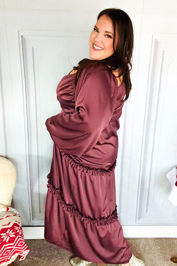 Holiday Vibes Wine Satin Front Overlap Smocked Back Maxi Dress - Coeur de la Mode