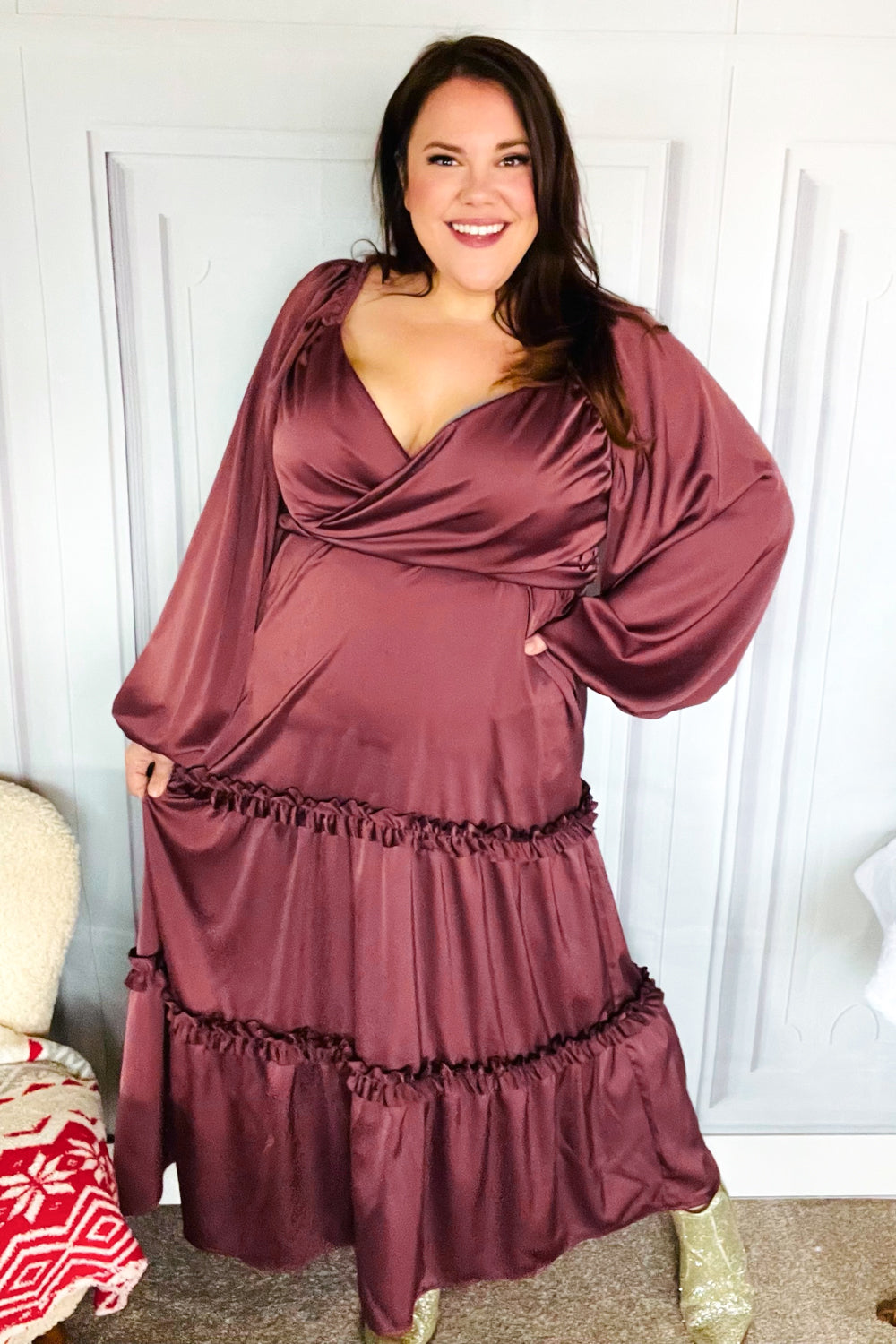 Holiday Vibes Wine Satin Front Overlap Smocked Back Maxi Dress - Coeur de la Mode