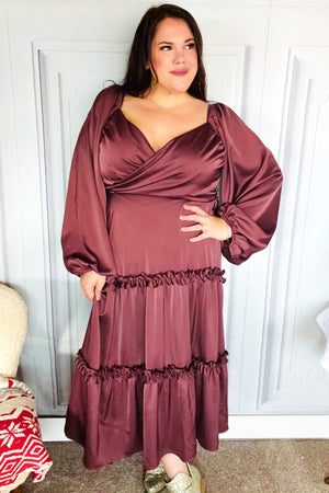 Holiday Vibes Wine Satin Front Overlap Smocked Back Maxi Dress - Coeur de la Mode