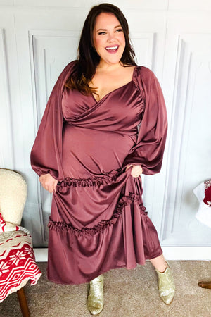 Holiday Vibes Wine Satin Front Overlap Smocked Back Maxi Dress - Coeur de la Mode