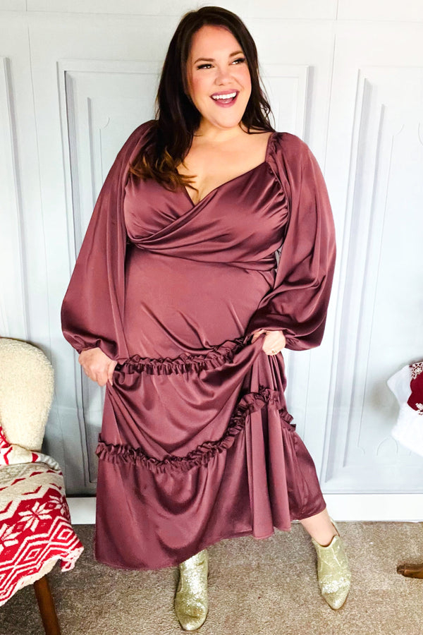 Holiday Vibes Wine Satin Front Overlap Smocked Back Maxi Dress - Coeur de la Mode