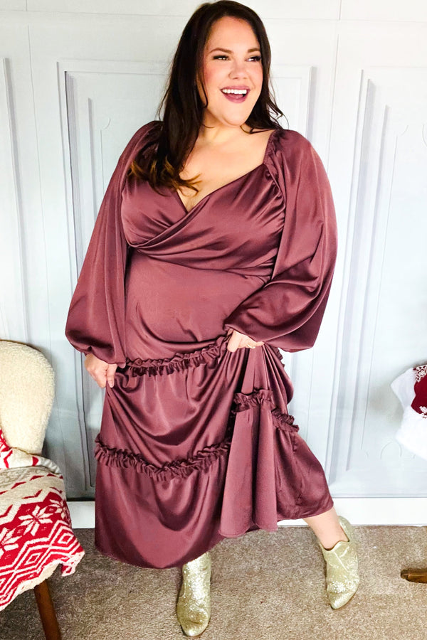 Holiday Vibes Wine Satin Front Overlap Smocked Back Maxi Dress - Coeur de la Mode