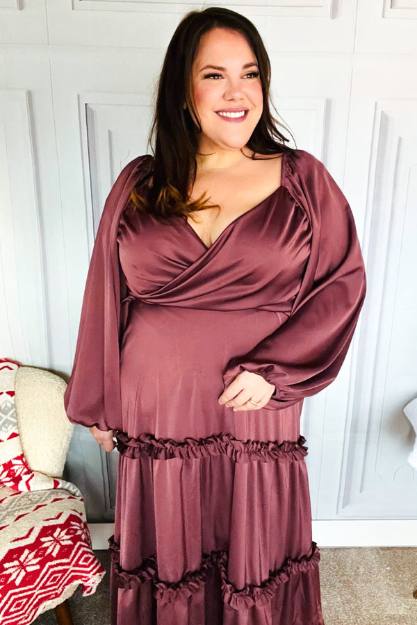 Holiday Vibes Wine Satin Front Overlap Smocked Back Maxi Dress - Coeur de la Mode