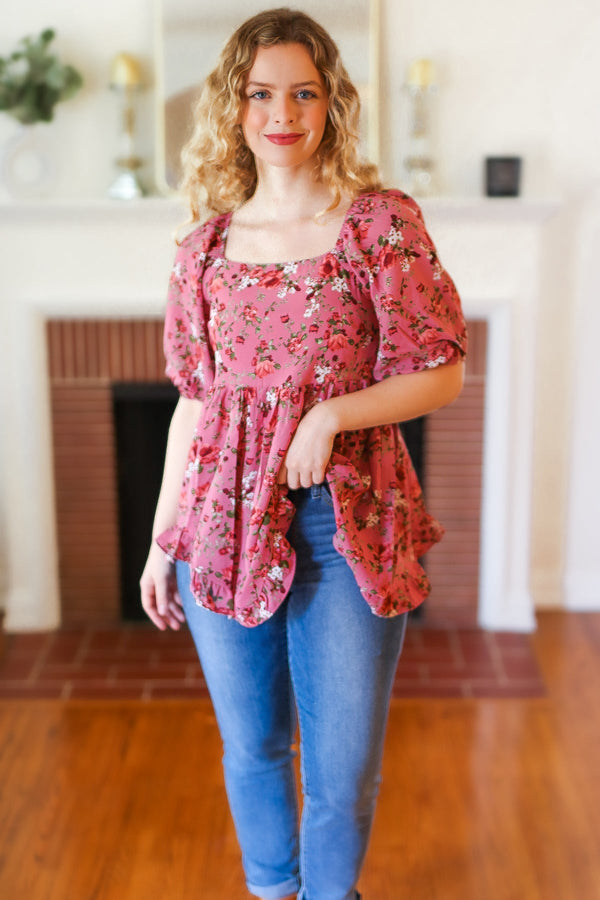 Just So Sweet Dusty Rose Floral Print Smocked Puff Sleeve Top - Coeur de la Mode