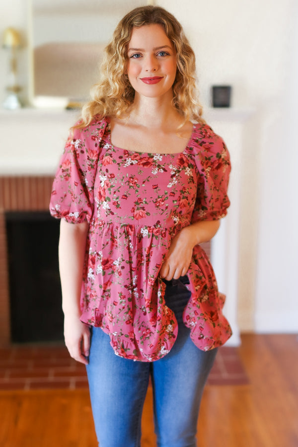 Just So Sweet Dusty Rose Floral Print Smocked Puff Sleeve Top - Coeur de la Mode