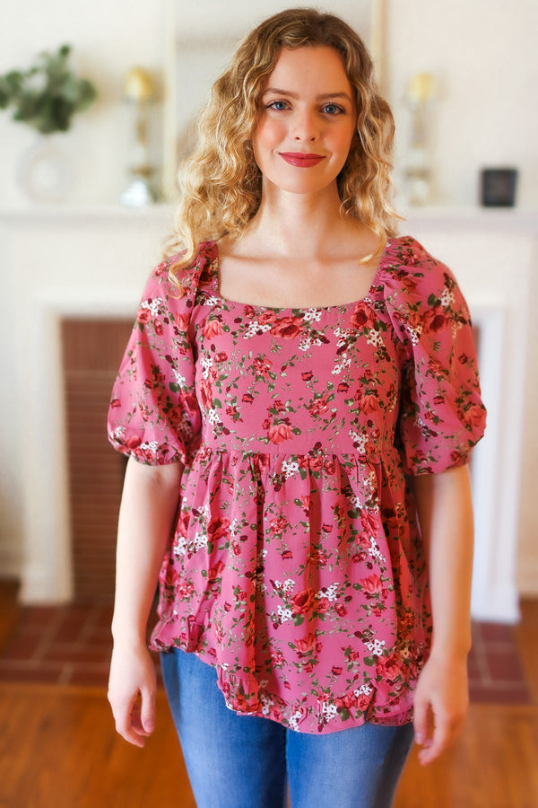 Just So Sweet Dusty Rose Floral Print Smocked Puff Sleeve Top - Coeur de la Mode