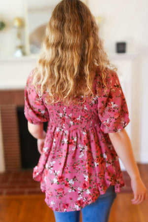 Just So Sweet Dusty Rose Floral Print Smocked Puff Sleeve Top - Coeur de la Mode
