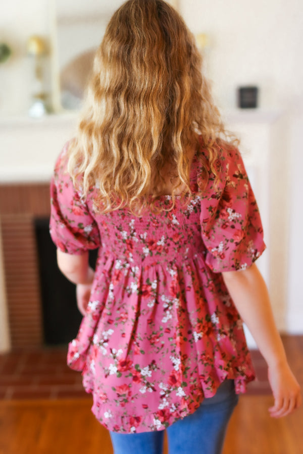 Just So Sweet Dusty Rose Floral Print Smocked Puff Sleeve Top - Coeur de la Mode