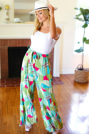 Feeling Couture Ivory & Mint Corded Geo Print Wide Leg Jumpsuit - Coeur de la Mode