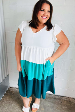 Seafoam & Emerald Tiered Frill Sleeve Midi Dress - Coeur de la Mode