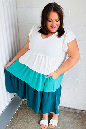 Seafoam & Emerald Tiered Frill Sleeve Midi Dress - Coeur de la Mode