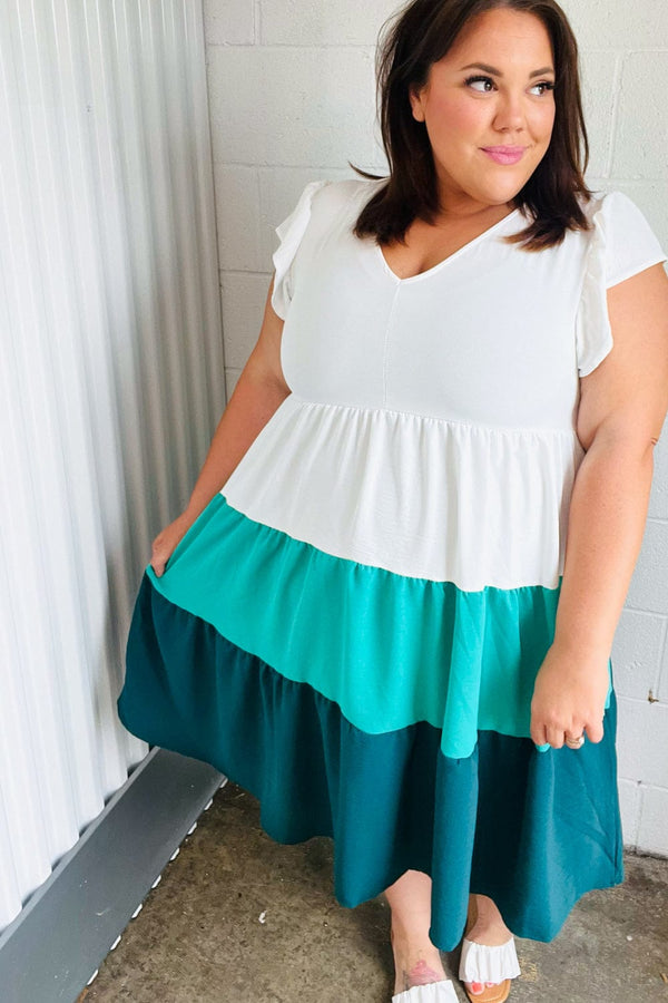 Seafoam & Emerald Tiered Frill Sleeve Midi Dress - Coeur de la Mode