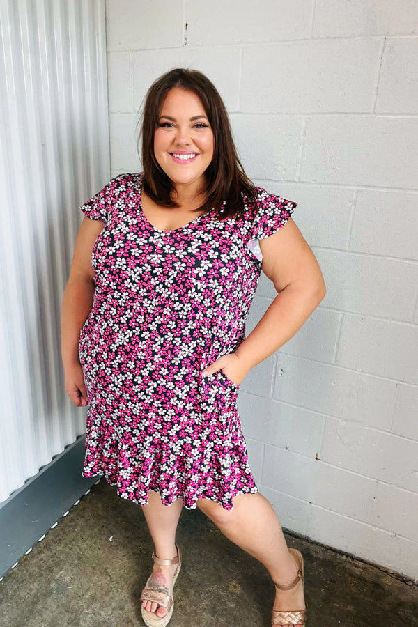 Black Multicolor Floral Babydoll Flutter Sleeve Midi Dress - Coeur de la Mode