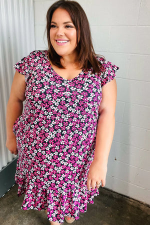 Black Multicolor Floral Babydoll Flutter Sleeve Midi Dress - Coeur de la Mode