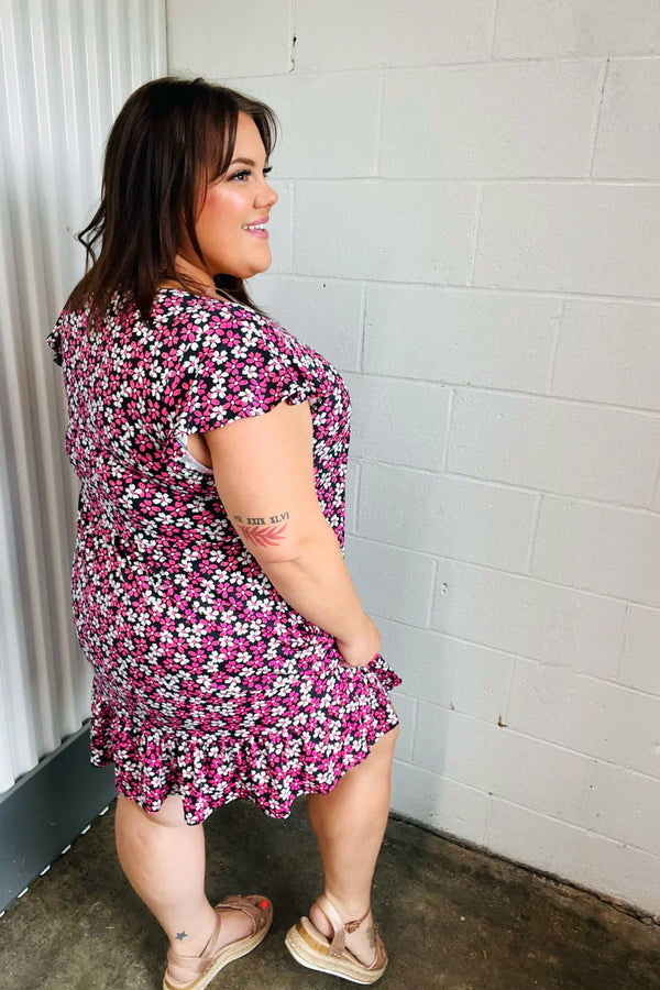 Black Multicolor Floral Babydoll Flutter Sleeve Midi Dress - Coeur de la Mode