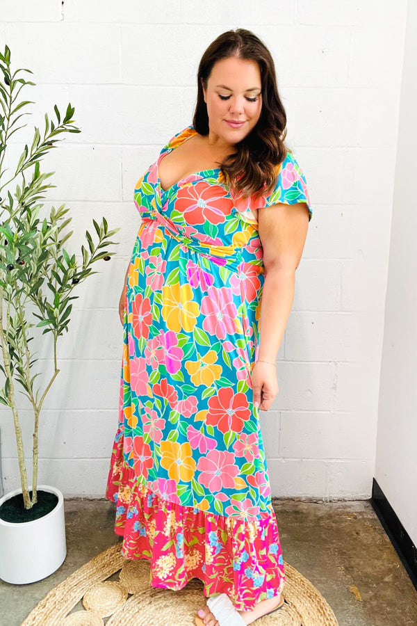 Vacay Vibes Blue Floral Print Sweetheart Twisted Neckline Maxi Dress - Coeur de la Mode