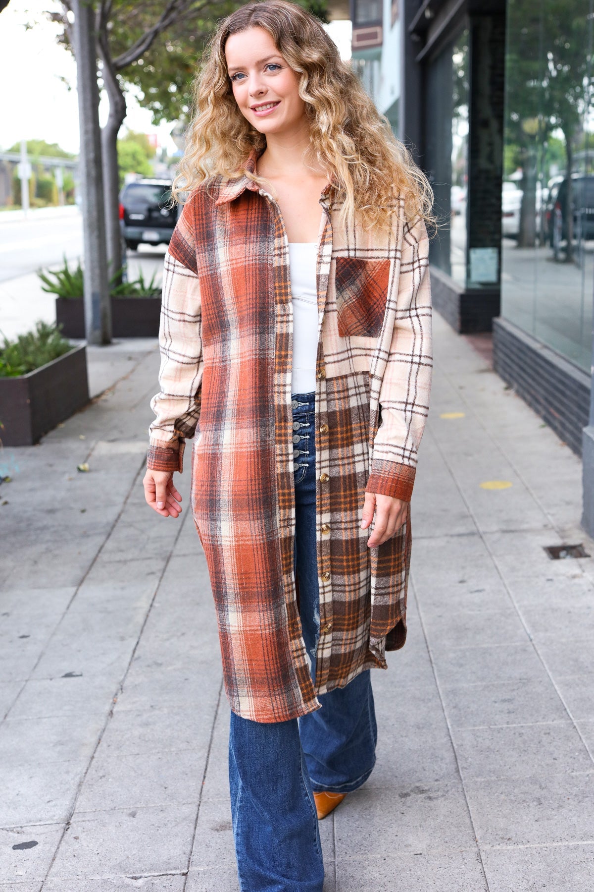 Stand Out Rust & Taupe Color Block Plaid Longline Shacket