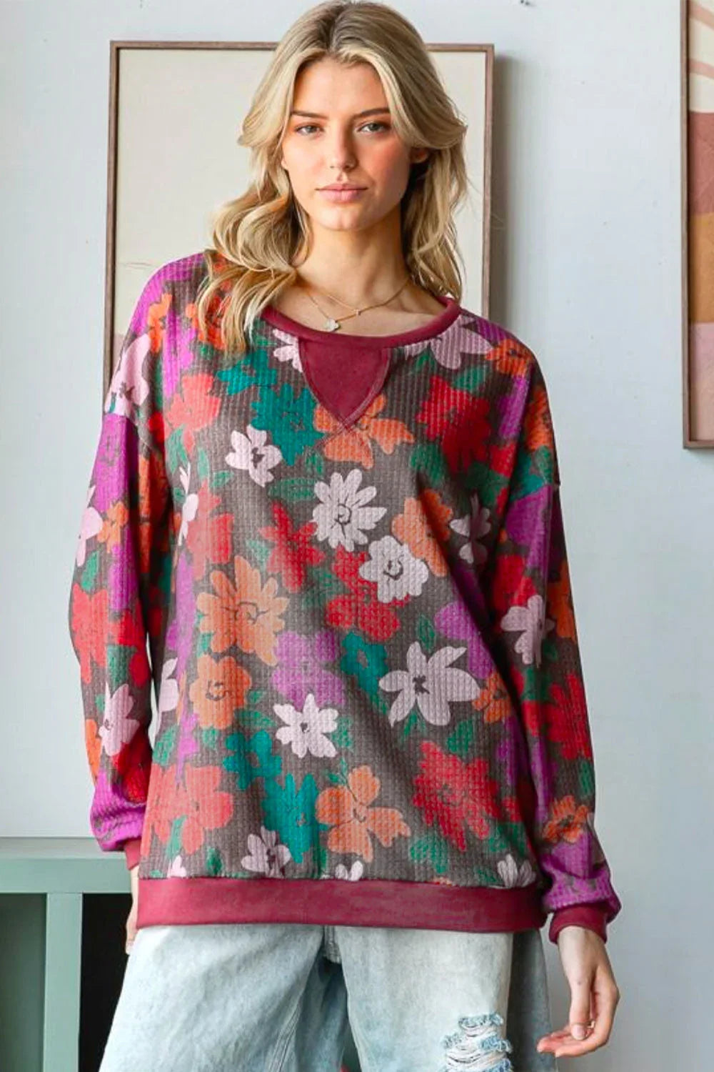 Look Adorable Brown/Multicolor Floral Waffle Terry Reverse Stitch Pullover - Coeur de la Mode