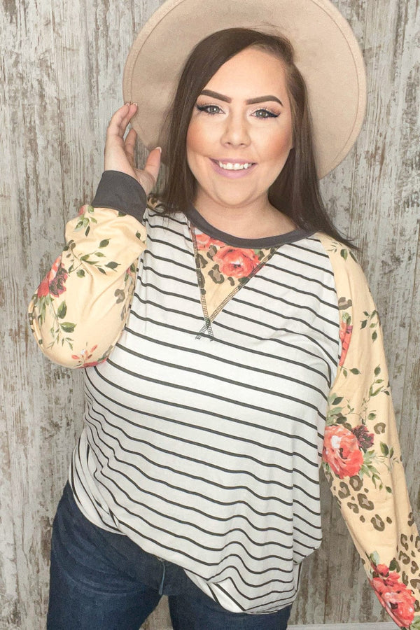 Stripe and Peach Leopard Floral Color Block Top - Coeur de la Mode