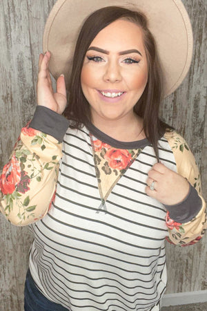 Stripe and Peach Leopard Floral Color Block Top - Coeur de la Mode