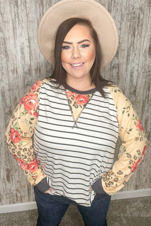 Stripe and Peach Leopard Floral Color Block Top - Coeur de la Mode