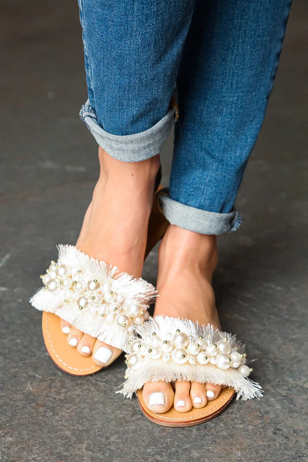 Ivory Linen Fray Beaded Faux Pearl Slide Sandal - Coeur de la Mode