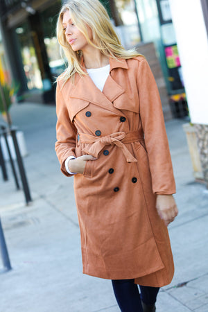 Rust Suede Double Breasted Belted Lined Trench Coat - Coeur de la Mode