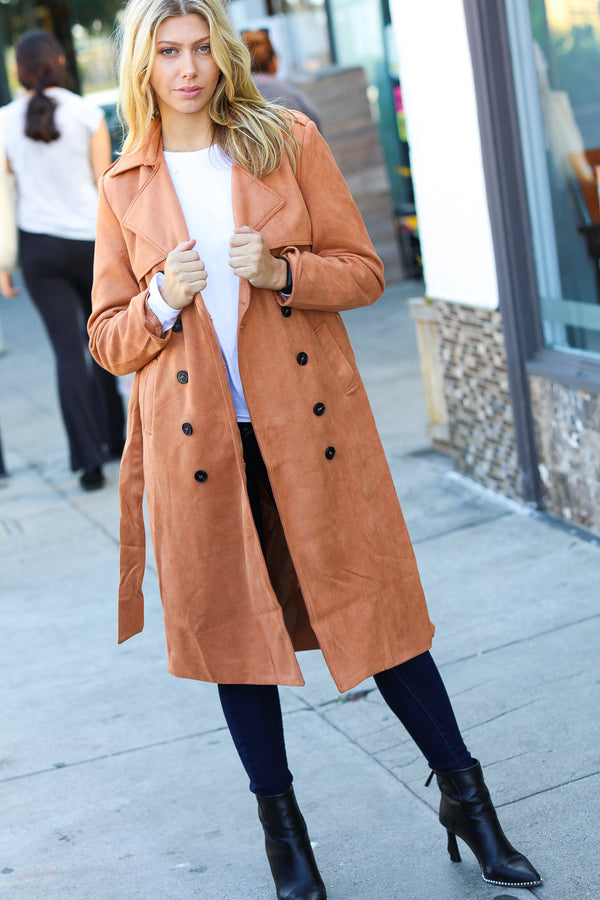 Rust Suede Double Breasted Belted Lined Trench Coat - Coeur de la Mode