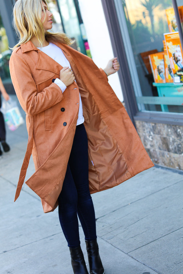 Rust Suede Double Breasted Belted Lined Trench Coat - Coeur de la Mode