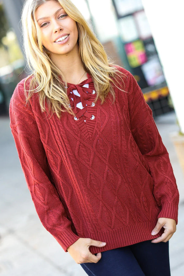 Fall Vibes Rust Cable Knit Lace Up V Neck Sweater - Coeur de la Mode
