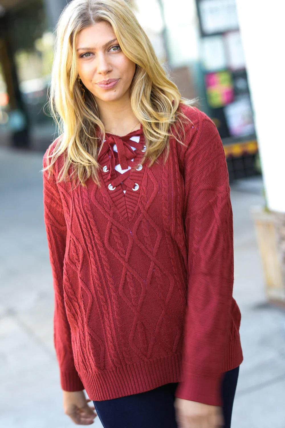 Fall Vibes Rust Cable Knit Lace Up V Neck Sweater - Coeur de la Mode
