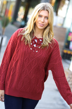 Fall Vibes Rust Cable Knit Lace Up V Neck Sweater - Coeur de la Mode