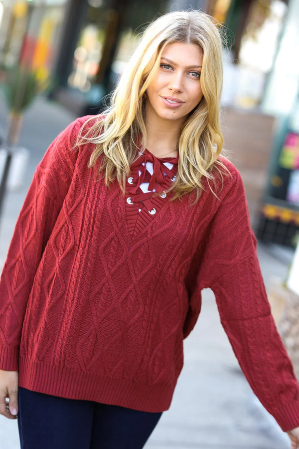 Fall Vibes Rust Cable Knit Lace Up V Neck Sweater - Coeur de la Mode