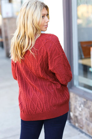 Fall Vibes Rust Cable Knit Lace Up V Neck Sweater - Coeur de la Mode