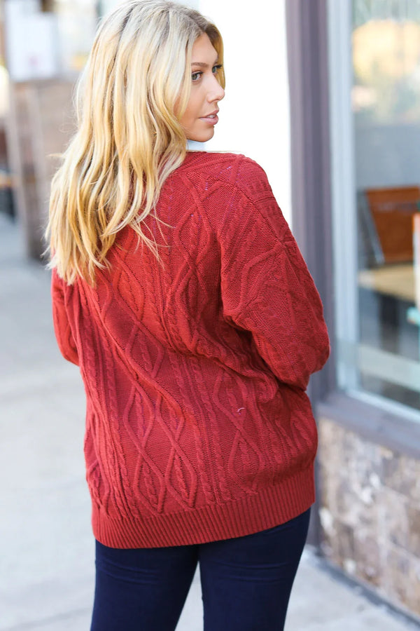 Fall Vibes Rust Cable Knit Lace Up V Neck Sweater - Coeur de la Mode