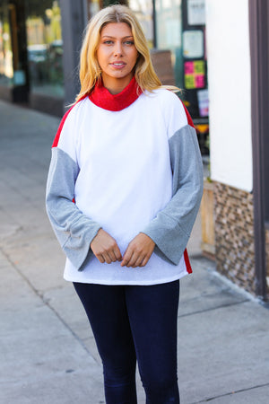 Red/White Hacci Color Block Jacquard Knit Turtleneck - Coeur de la Mode