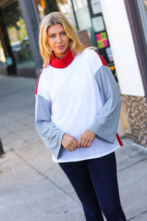 Red/White Hacci Color Block Jacquard Knit Turtleneck - Coeur de la Mode
