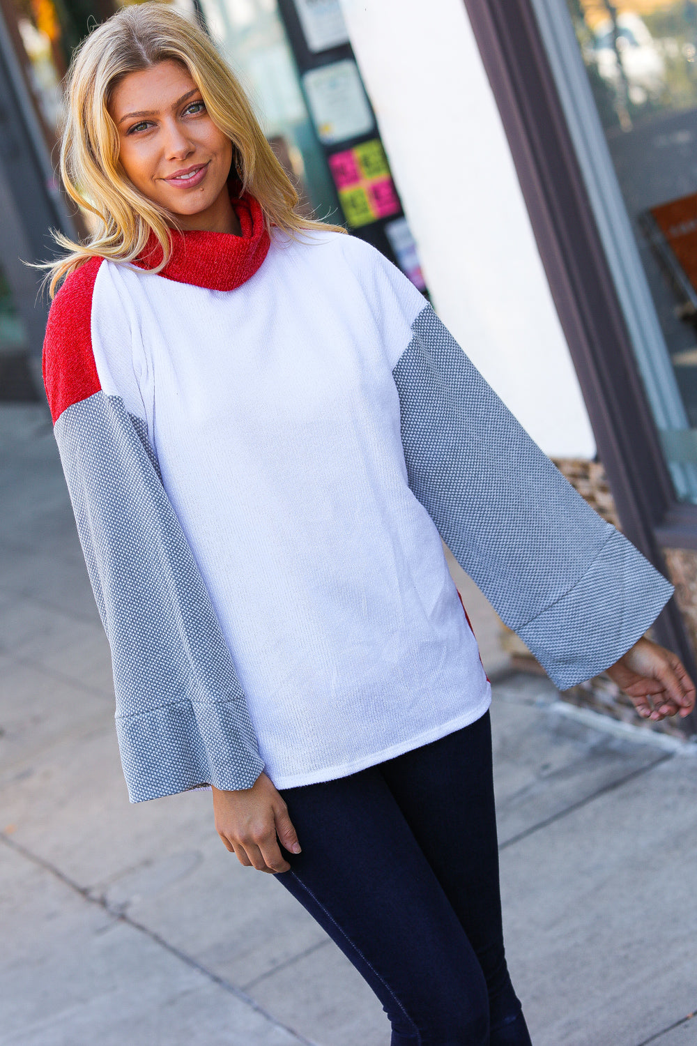 Red/White Hacci Color Block Jacquard Knit Turtleneck - Coeur de la Mode