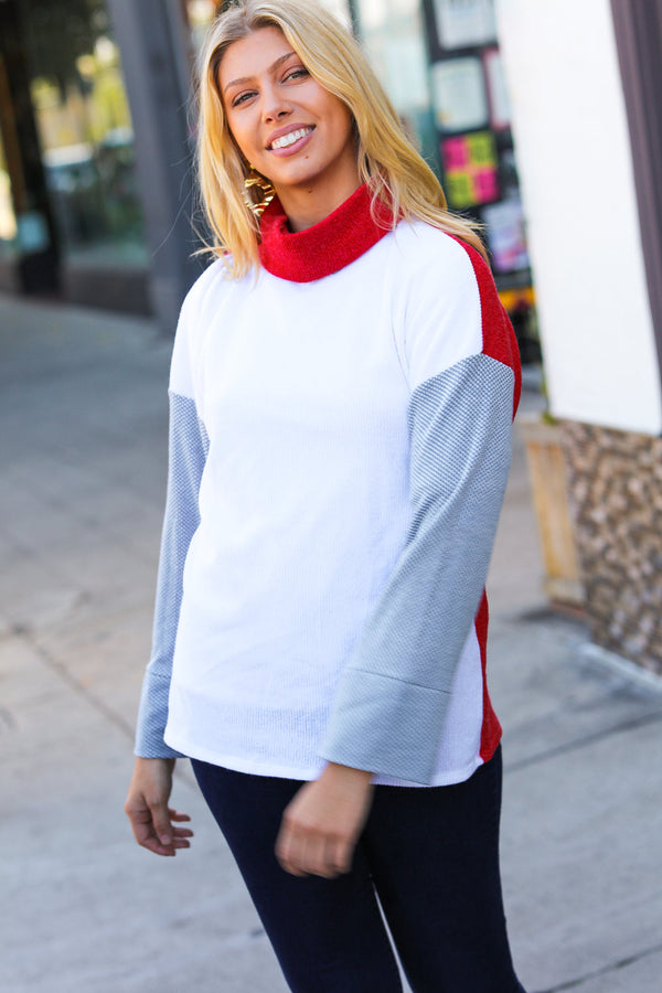 Red/White Hacci Color Block Jacquard Knit Turtleneck - Coeur de la Mode