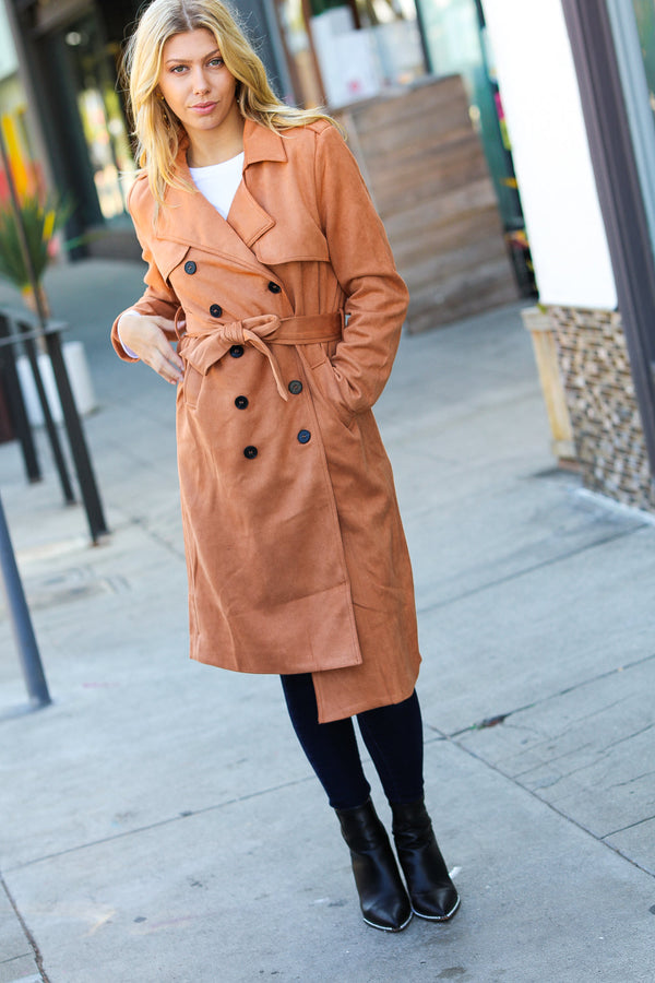 Rust Suede Double Breasted Belted Lined Trench Coat - Coeur de la Mode