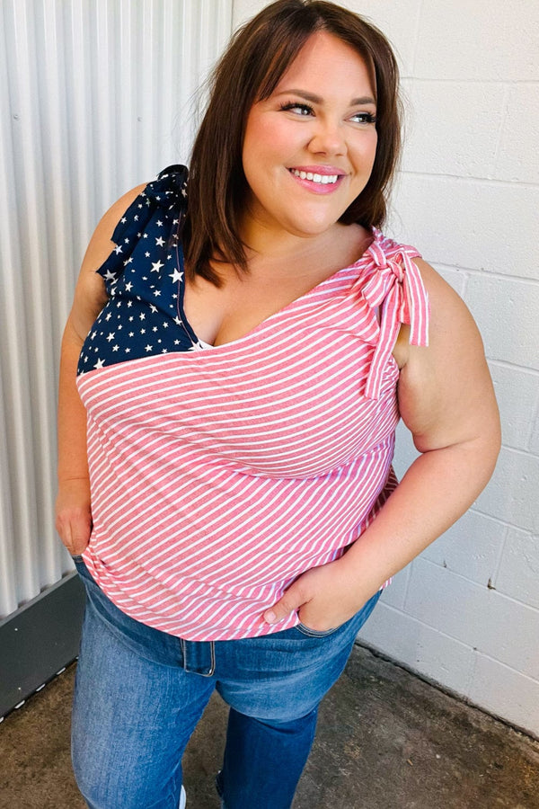 Stars & Stripes V Neck Shoulder Tie Detail Top - Coeur de la Mode