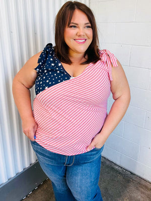 Stars & Stripes V Neck Shoulder Tie Detail Top - Coeur de la Mode