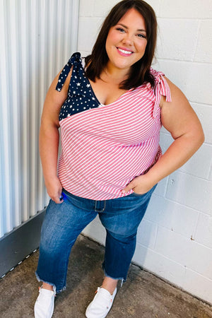 Stars & Stripes V Neck Shoulder Tie Detail Top - Coeur de la Mode