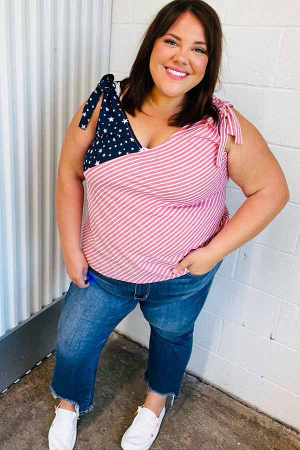 Stars & Stripes V Neck Shoulder Tie Detail Top - Coeur de la Mode