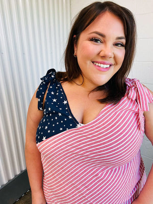 Stars & Stripes V Neck Shoulder Tie Detail Top - Coeur de la Mode