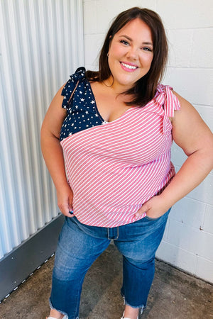 Stars & Stripes V Neck Shoulder Tie Detail Top - Coeur de la Mode